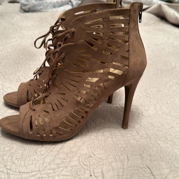 Beige Suede Charlotte Russe Cage Style Lace Up Heeled Booties - Picture 6 of 8